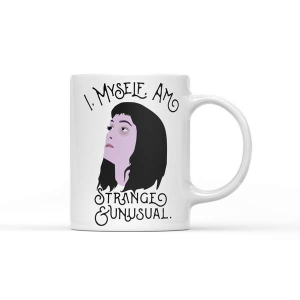 White coffee mug with cute Lydia Deetz I Myself Am Strange and Unusual quote